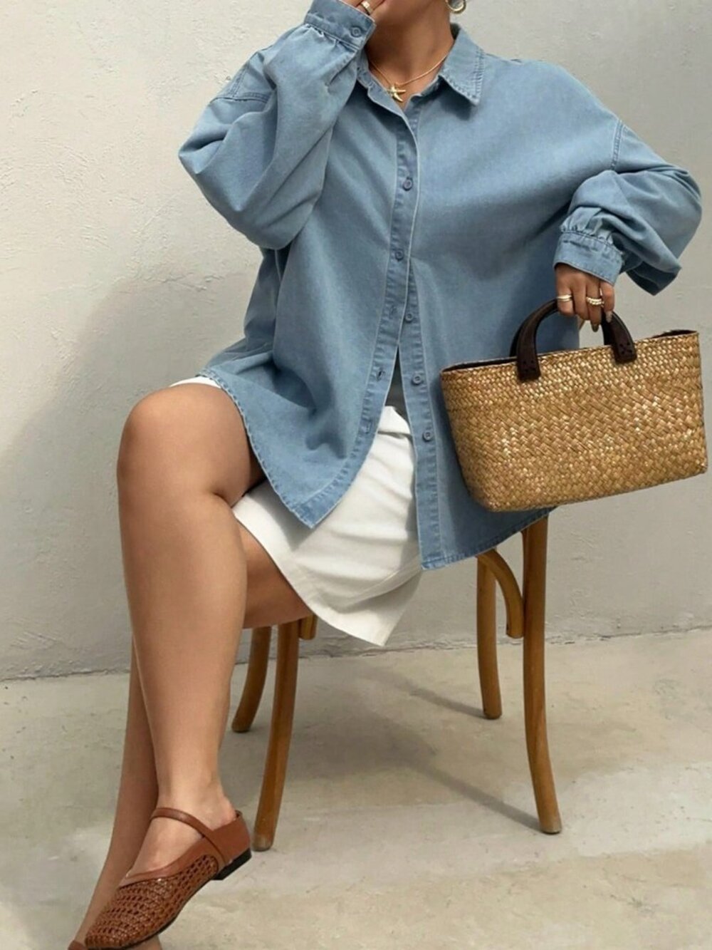Light Wash Casual Women's Plus Size Denim Top with Back Slit Tie